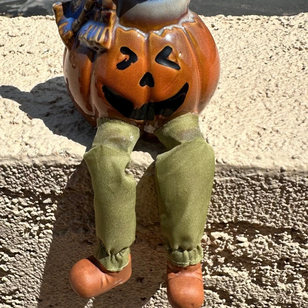 Ceramic Ghost on Pumpkin Shelf Sitter Halloween Decor Orange White Fabric‎ Legs